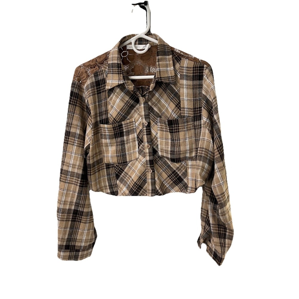 Altar'd State Plaid Cropped‎ Button Up Shirt Womens Small Lace Back Boho Top